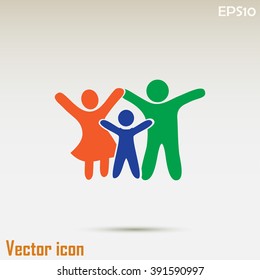 Happy family icon in simple figures, dad, mom and child stand to