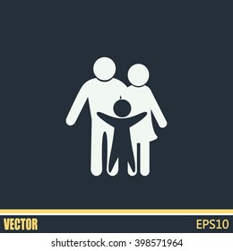 Happy family icon in simple figures, dad, mom and child stand to