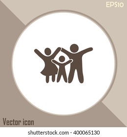 Happy family icon in simple figures, dad, mom and child stand to
