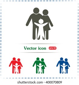 Happy family icon in simple figures, dad, mom and child stand to
