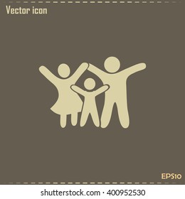 Happy family icon in simple figures, dad, mom and child stand to