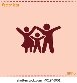 Happy family icon in simple figures, dad, mom and child stand to