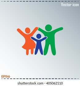Happy family icon in simple figures, dad, mom and child stand to