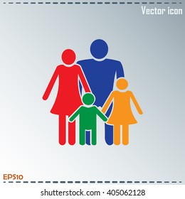 Happy family icon in simple figures, dad, mom and child stand to