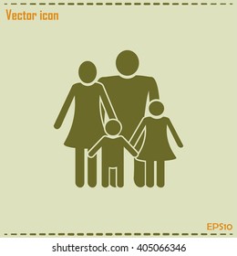 Happy family icon in simple figures, dad, mom and child stand to
