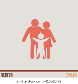 Happy family icon in simple figures, dad, mom and child stand to