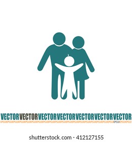 Happy family icon in simple figures, dad, mom and child standing