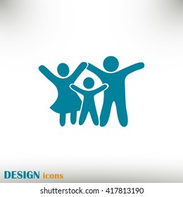 Happy family icon in simple figures, dad, mom and child stand to