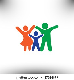 Happy family icon in simple figures, dad, mom and child stand to