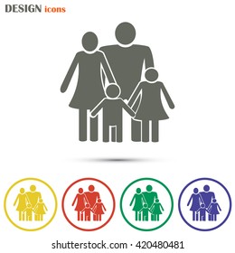 Happy family icon in simple figures, dad, mom and child stand to