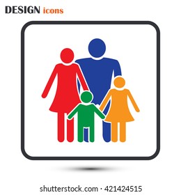 Happy family icon in simple figures, dad, mom and child stand to