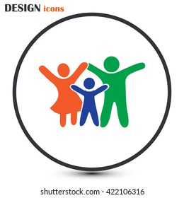 Happy family icon in simple figures, dad, mom and child stand to