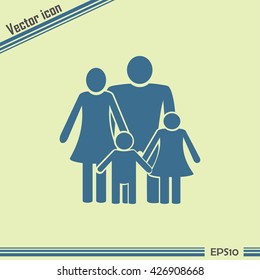 Happy family icon in simple figures, dad, mom and child stand to