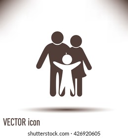 Happy family icon in simple figures, dad, mom and child stand to