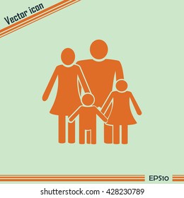 Happy family icon in simple figures, dad, mom and child stand to