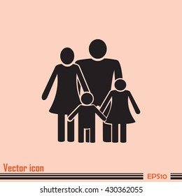 Happy family icon in simple figures, dad, mom and child stand to