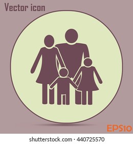 Happy family icon in simple figures, dad, mom and child stand to
