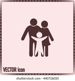 Happy family icon in simple figures, dad, mom and child stand to