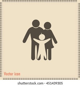 Happy family icon in simple figures, dad, mom and child stand to