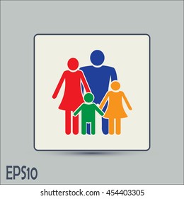 Happy family icon in simple figures, dad, mom and child stand to