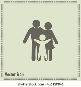 Happy family icon in simple figures, dad, mom and child stand to