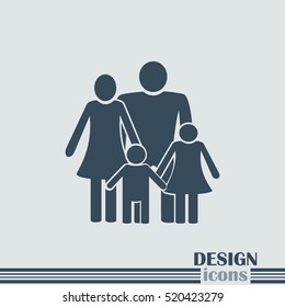 Happy family icon in simple figures, dad, mom and child stand together. 