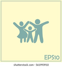 Happy family icon in simple figures, dad, mom and child stand to