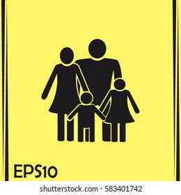 Happy family icon in simple figures, dad, mom and child stand to