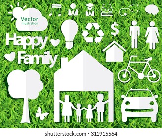 happy family ideas concept with creative design paper cut on green grass texture background, Vector illustration decorative layout template