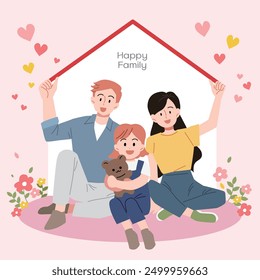 Happy family illustration. Illustration background in the shape of a house.