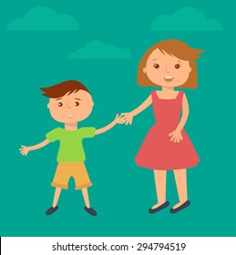 Happy family illustration. Brother and sister portrait in flat style. Boy and girl holding hands.