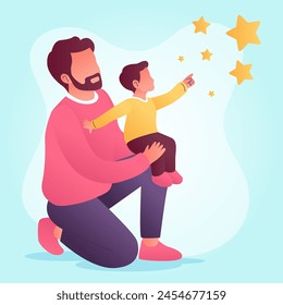 Happy Family Illustration. a father carrying his son and pointing a stars
