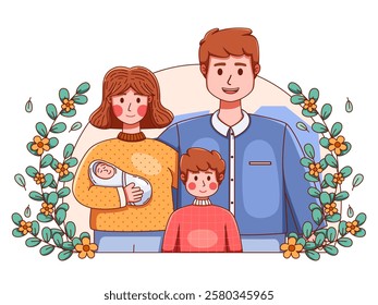 Happy family illustration of a father, mother, son and newborn baby wrapped in a blanket, looking warm and happy.
Perfect for designs with themes of family love, harmonious families, parenting