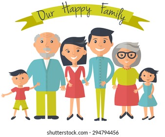Happy family illustration. Father, mother, grandparents, son and daughter portrait with banner.