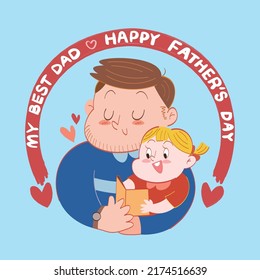 Happy family illustration and happy father's day greeting. Father happily holds his daughter on blue background.