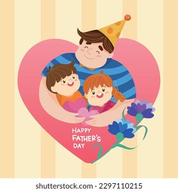 Happy family illustration. Happy Father's Day Concept. Father happily holds his children in the heart shape background. Vector illustration.