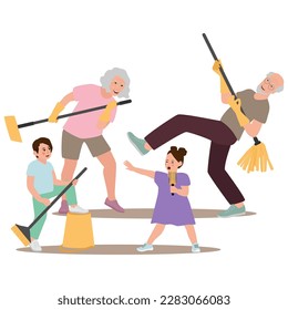Happy family illustration. Grandparents and grandchildren dancing and singing, enjoying time together, having fun and feeling cheerful and happy.