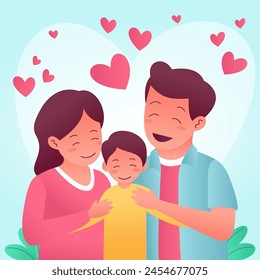 Happy Family Illustration. Mom and dad hug the boy