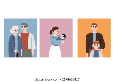 Happy family illustration. Family month. Variations of family love. Senior couple, mother and baby, father and child. Flat vector illustration isolated