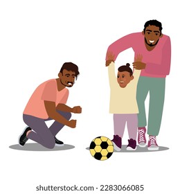 Happy family illustration. Two fathers and child spending time together with positive emotions and good mood. Young smiling parents and child playing football. Vector Illustration