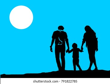 Happy family image, parents and son walking in the same way. The concept for the same family purpose (illustration)