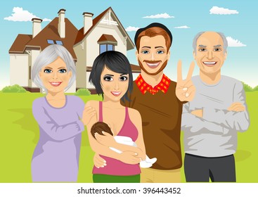 Happy family including parents with newborn baby and grandparents standing in front of classic cottage