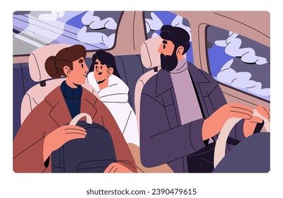 Happy family inside car. Driver hold steering wheel, looking back. Excited passenger kid ride in automobile with parents, travel together. Dad drive auto. Holiday journey. Flat vector illustration