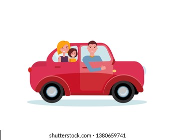 Happy family inside their new red car. Man driver at the wheel of car. Mom and daughter sitting in back seat. Side view of family car. Dad showing thumb up gesture. Vector flat cartoon illustration