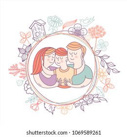 Happy family. International holiday Family Day. Vector illustration, greeting card. Mom, dad and son. Flower frame.