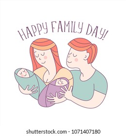 Happy family. International holiday Family Day. Mom, dad, son and daughter. A parents  with two children.  Vector illustration, greeting card.