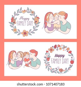 Happy family. International holiday family Day. Mom, dad, kids. Floral wreaths with text. Happy family day.  Vector illustration, greeting card.