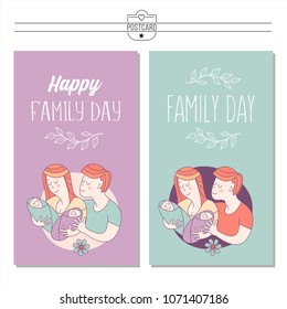 Happy family. International holiday Family Day. Mom, dad, son and daughter. A parents  with two children.  Vector illustration, greeting card.