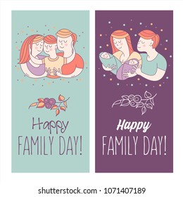 Happy family. International holiday family Day. Mom, dad, kids. The kids are twins.  Vector illustration, greeting card.