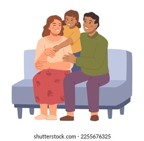 Happy family, isolated child hugging mom and dad sitting on couch. Mother and father cuddling daughter and smiling. Positive characters vector in flat style